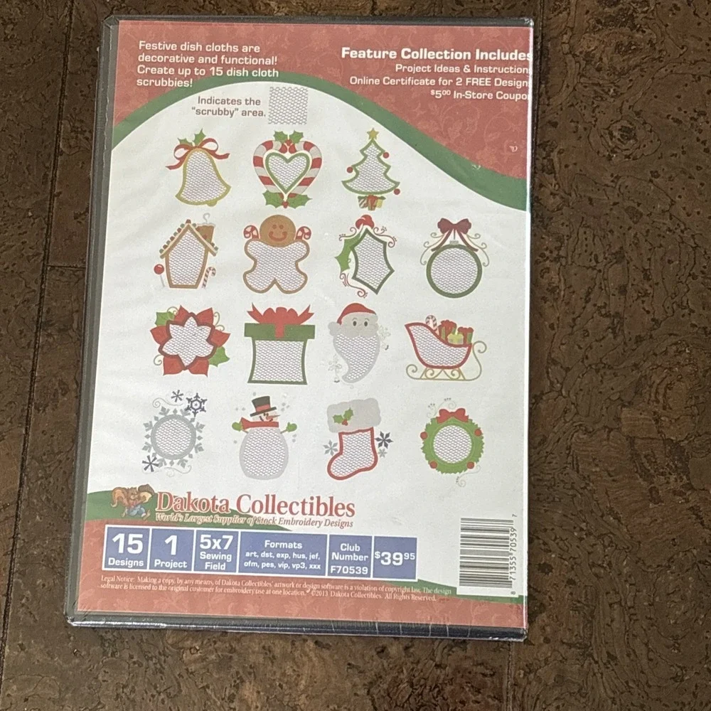 Dakota Collectible Christmas Dish Cloth 5x7 Scrubbies Embroidery CD 15 Designs